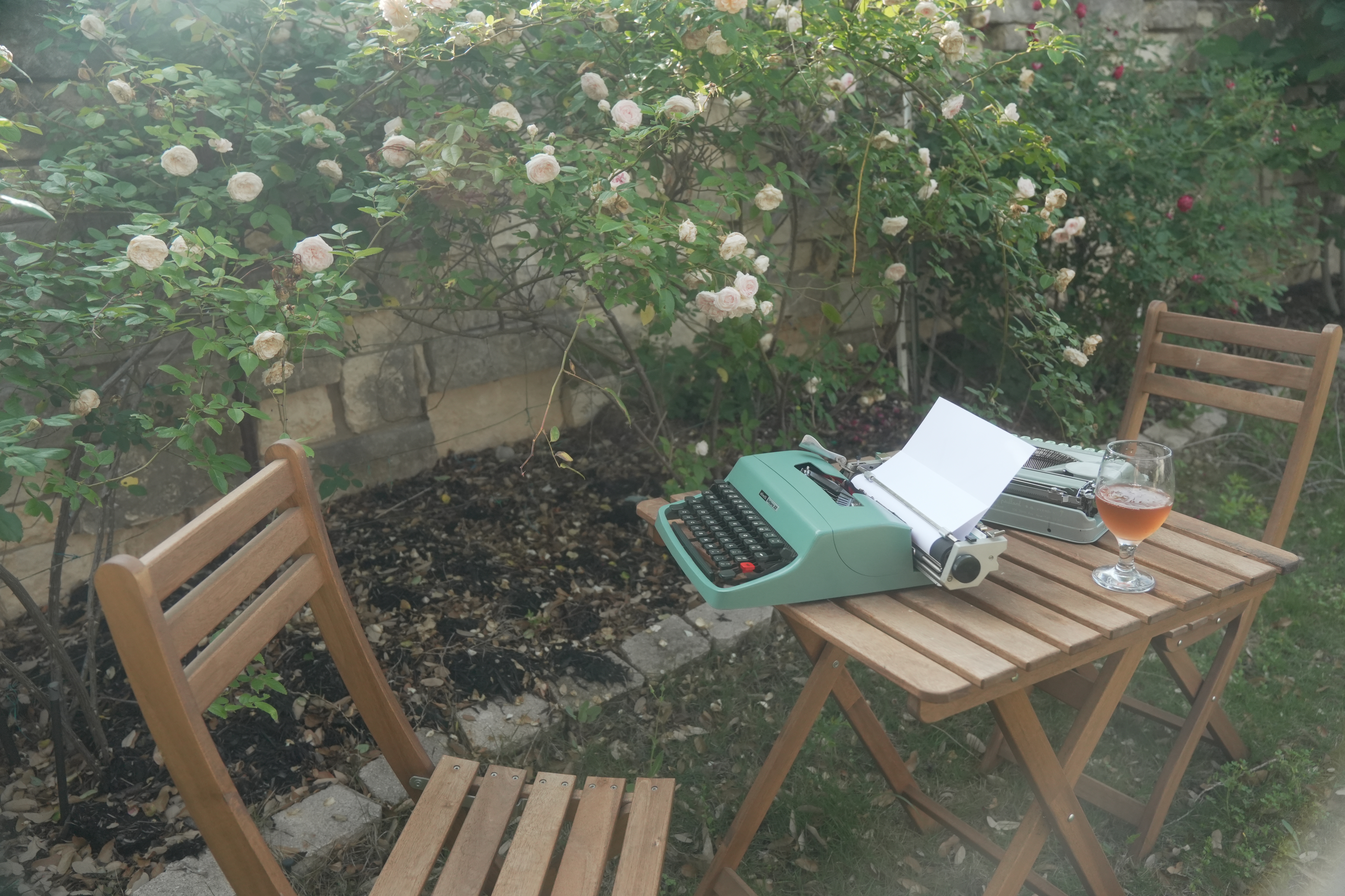 Typewriters set up at an evening event